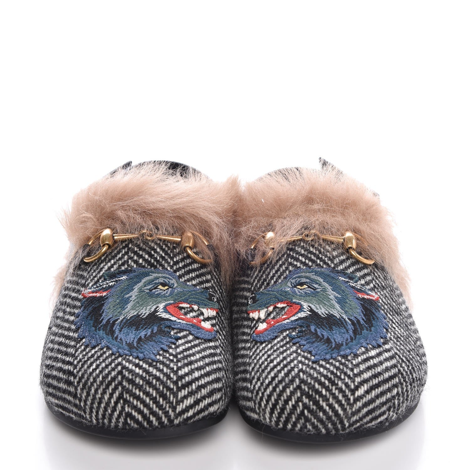 Gucci Herringbone Fur Wolf Mens Horsebit River Slingback Slippers 8 Black White 2 of 12