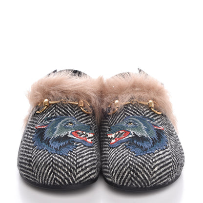 Gucci Herringbone Fur Wolf Mens Horsebit River Slingback Slippers 8 Black White 2 of 12
