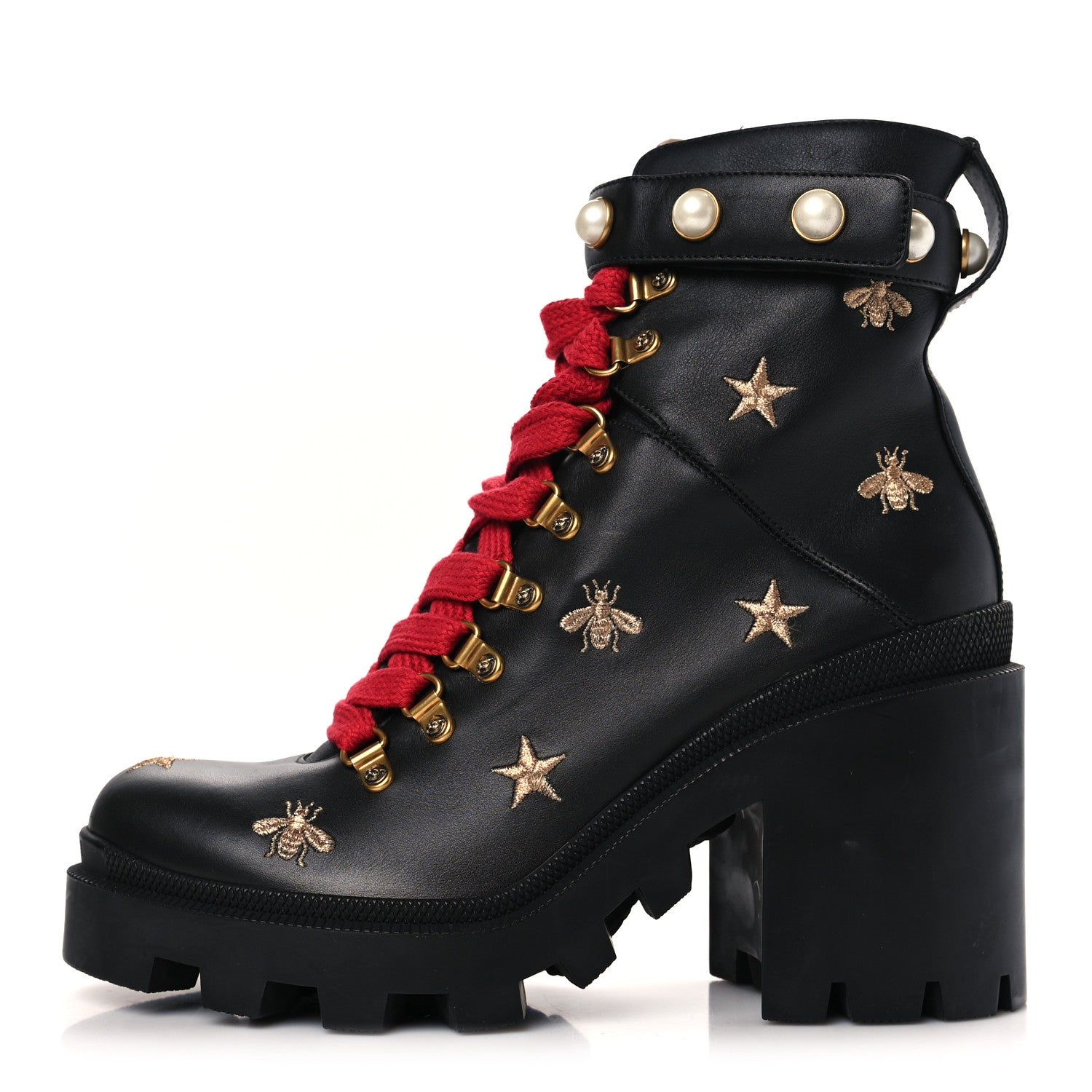 Gucci Calfskin Embroidered Lace Up Combat Ankle Boots 40 Black 1 of 7