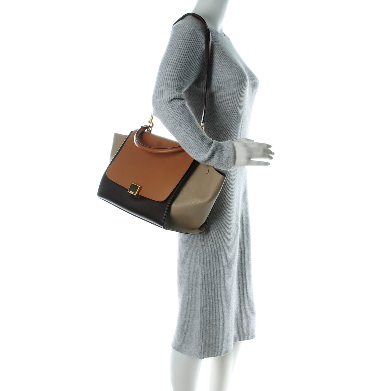 Celine Satin Baby Grained Calfskin Medium Tri-Color Trapeze Tan 2 of 7