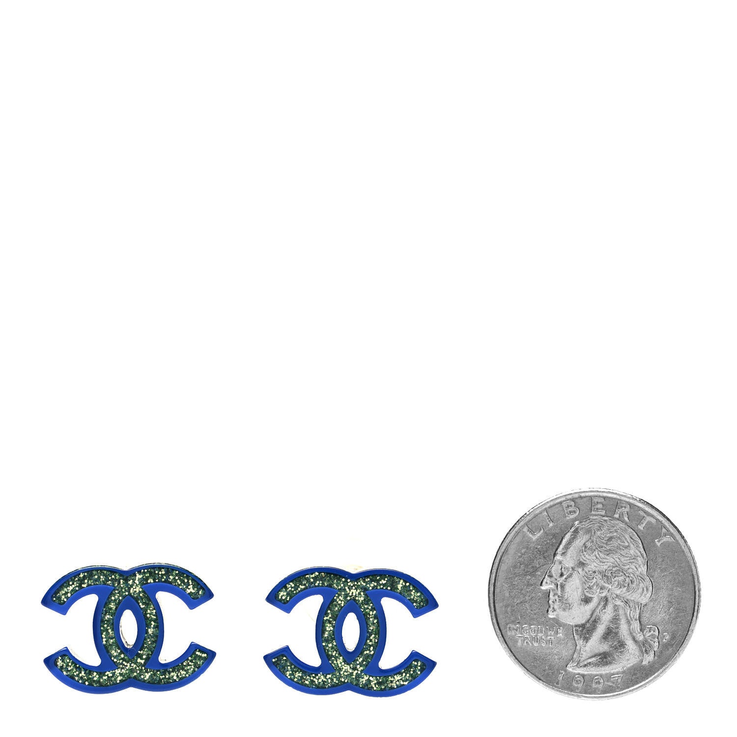 Chanel Glitter Resin CC Earrings Green Blue 2 of 4
