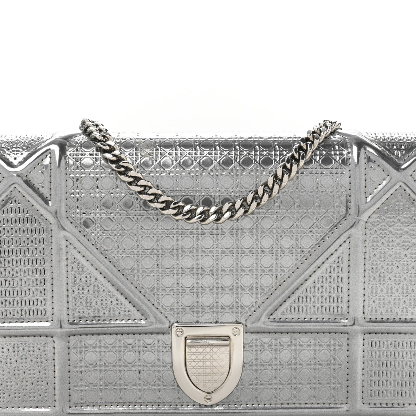 Metallic Patent Micro-Cannage Diorama Wallet on Chain Pouch Silver