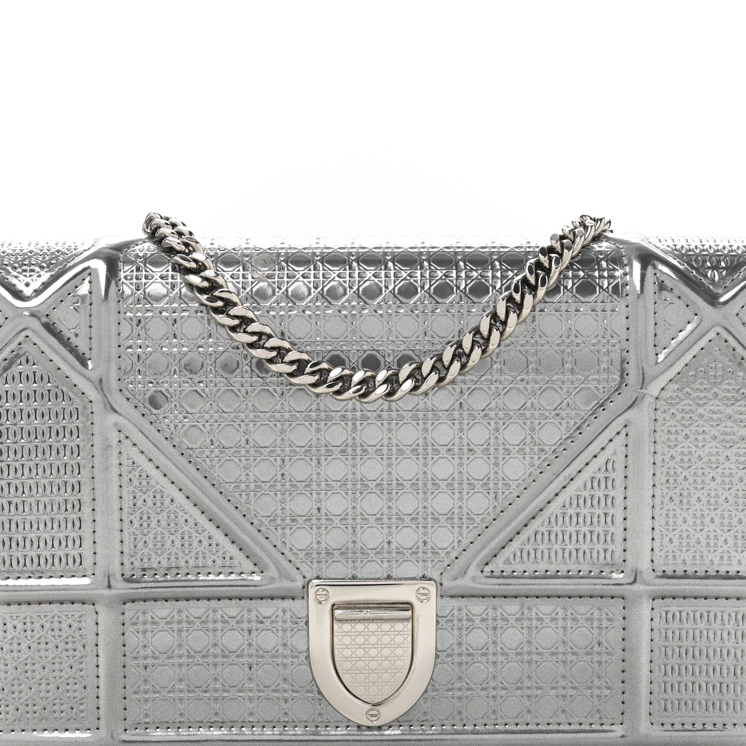 Christian Dior Metallic Patent Micro-Cannage Diorama Wallet on Chain Pouch Silver 9 of 15