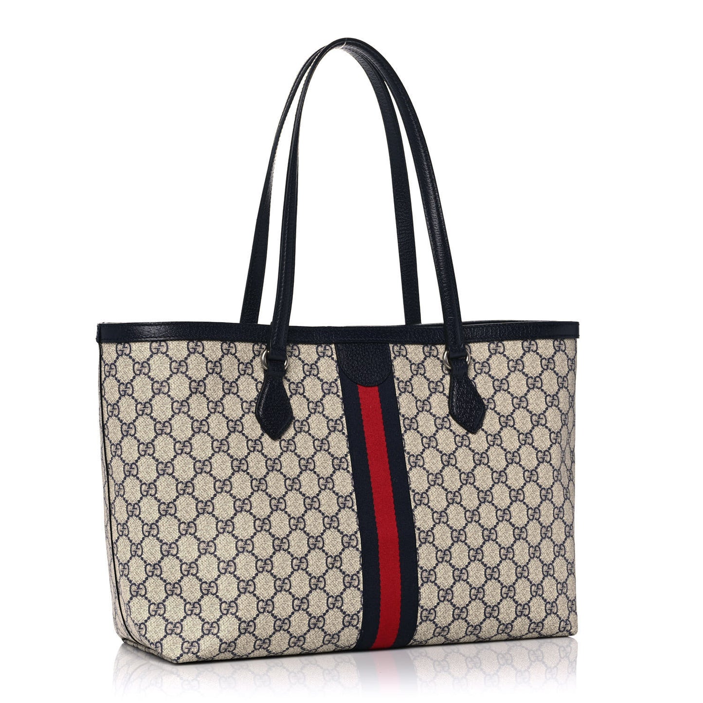 GG Supreme Monogram Textured Calfskin Web Medium Ophidia Shopping Tote Beige Blue