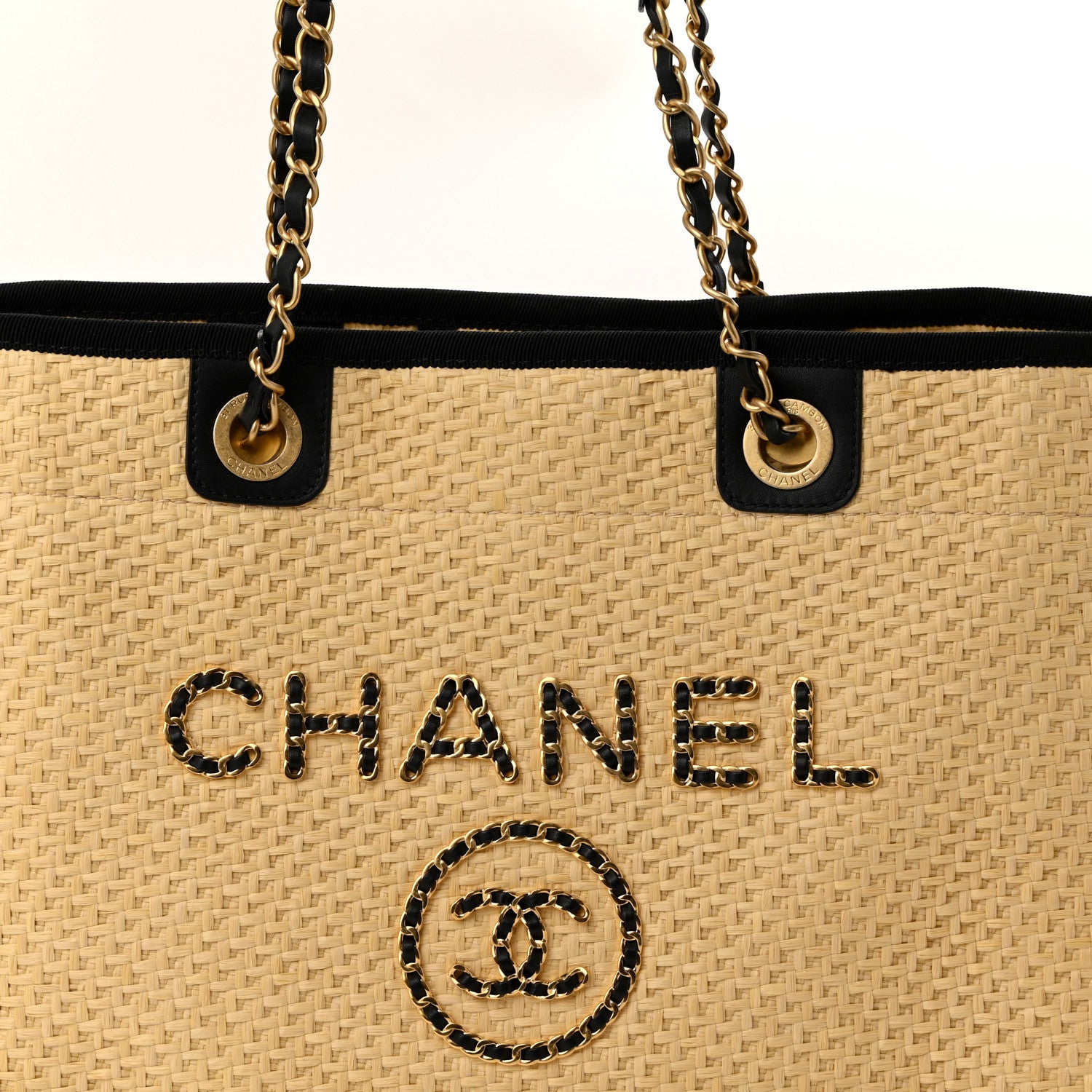 Chanel Straw Raffia Calfskin Chain Small Deauville Tote Beige Black 8 of 10