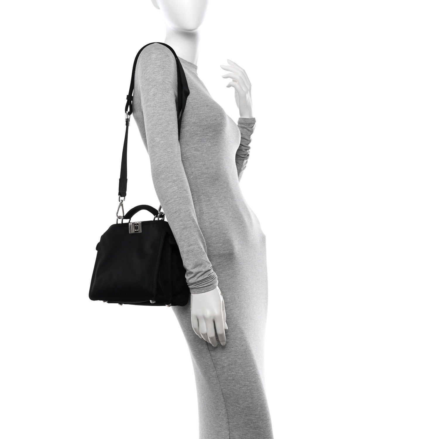 Fendi Nylon Vitello Cover Logo Embossed Mini Peekaboo I SEE U Satchel Black White 2 of 11