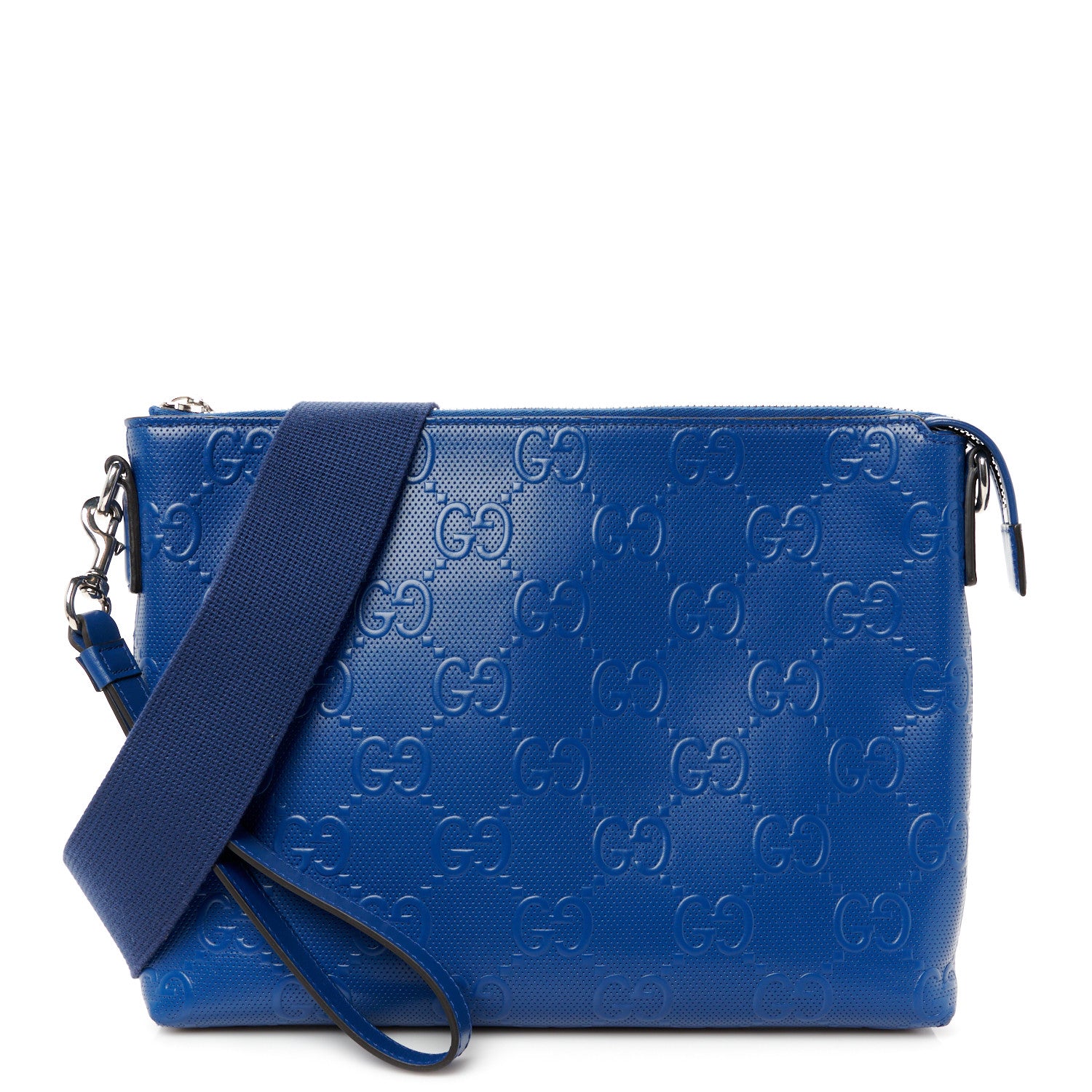 Gucci Calfskin GG Tennis Embossed Medium Wristlet Messenger Bag Intense Metal Blue 1 of 11