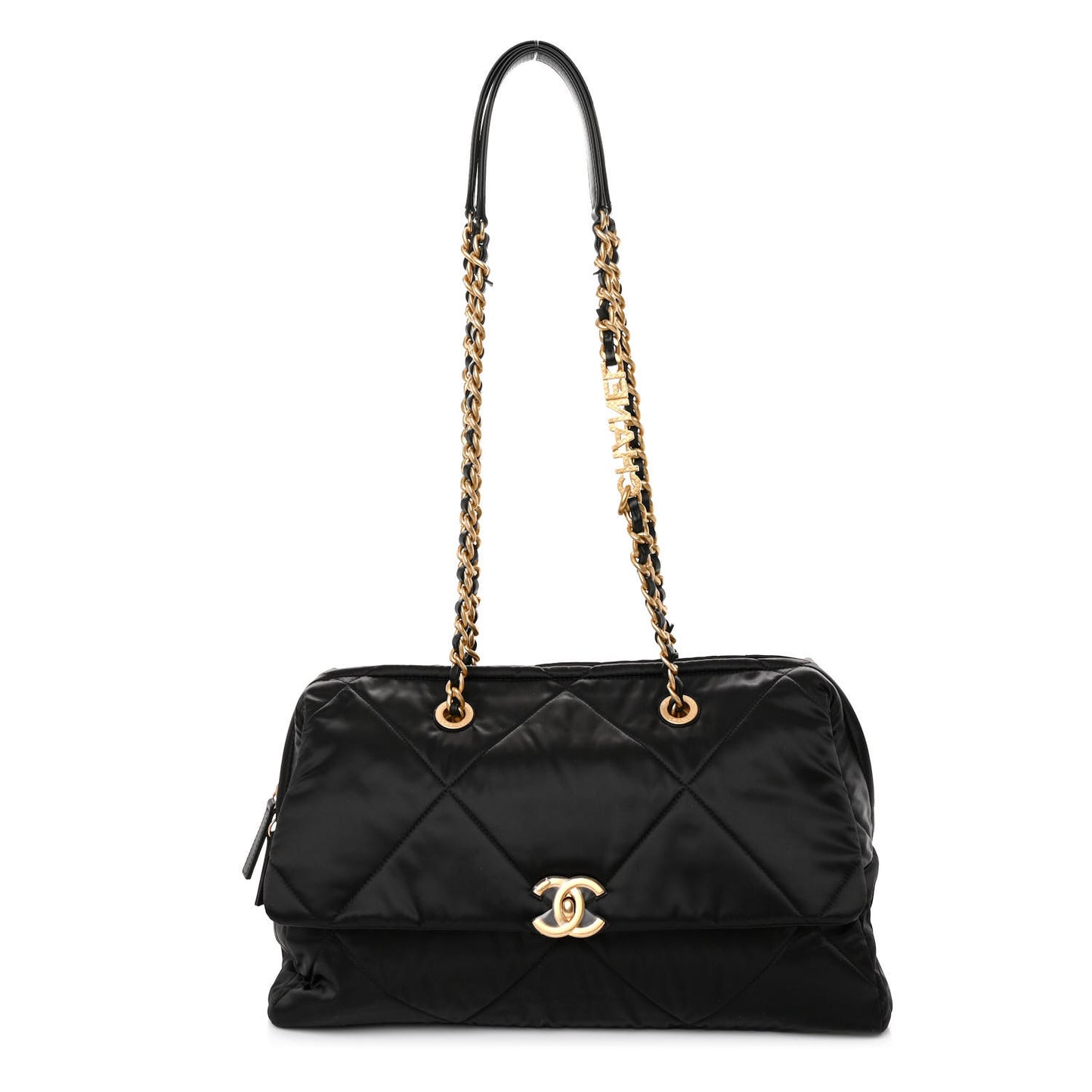 Satin Quilted Large Bowling Bag Flap Black