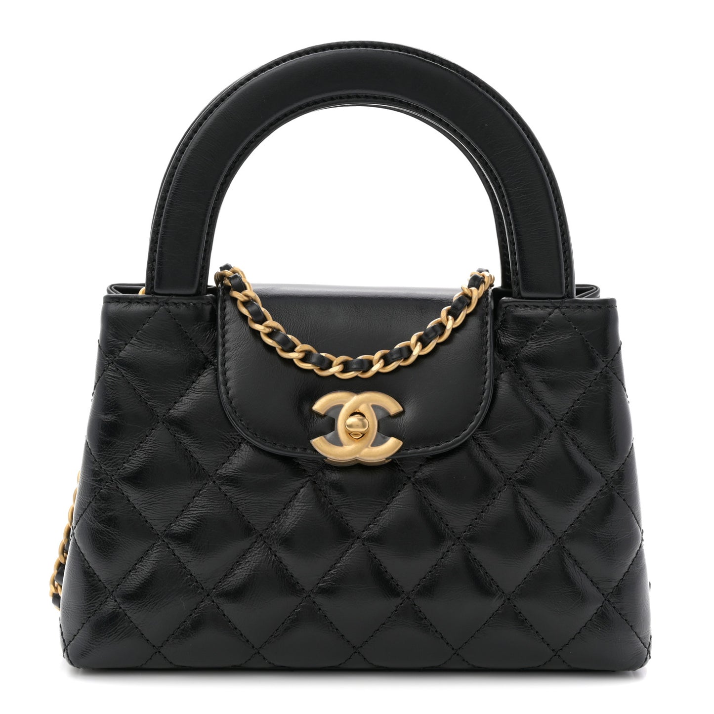 Shiny Aged Calfskin Quilted Nano Kelly Shopper Black