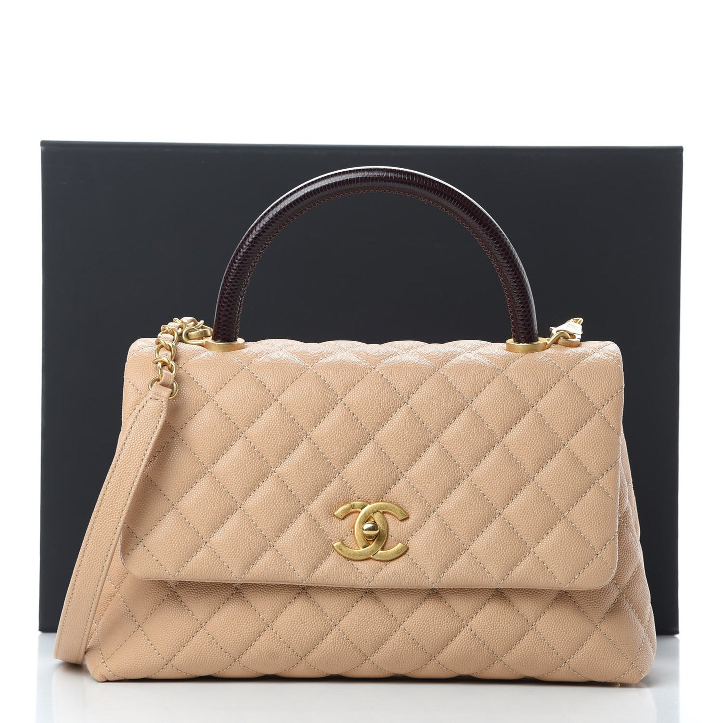 Caviar Lizard Embossed Quilted Small Coco Handle Flap Beige
