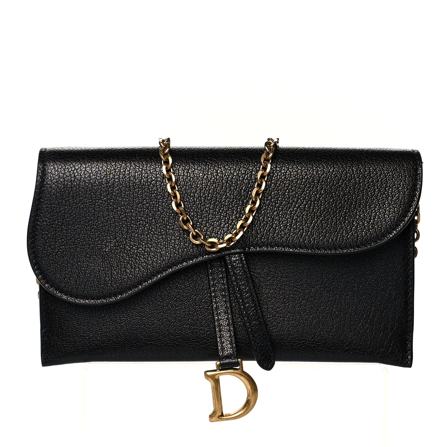 Grained Calfskin Saddle Chain Wallet Pouch Black