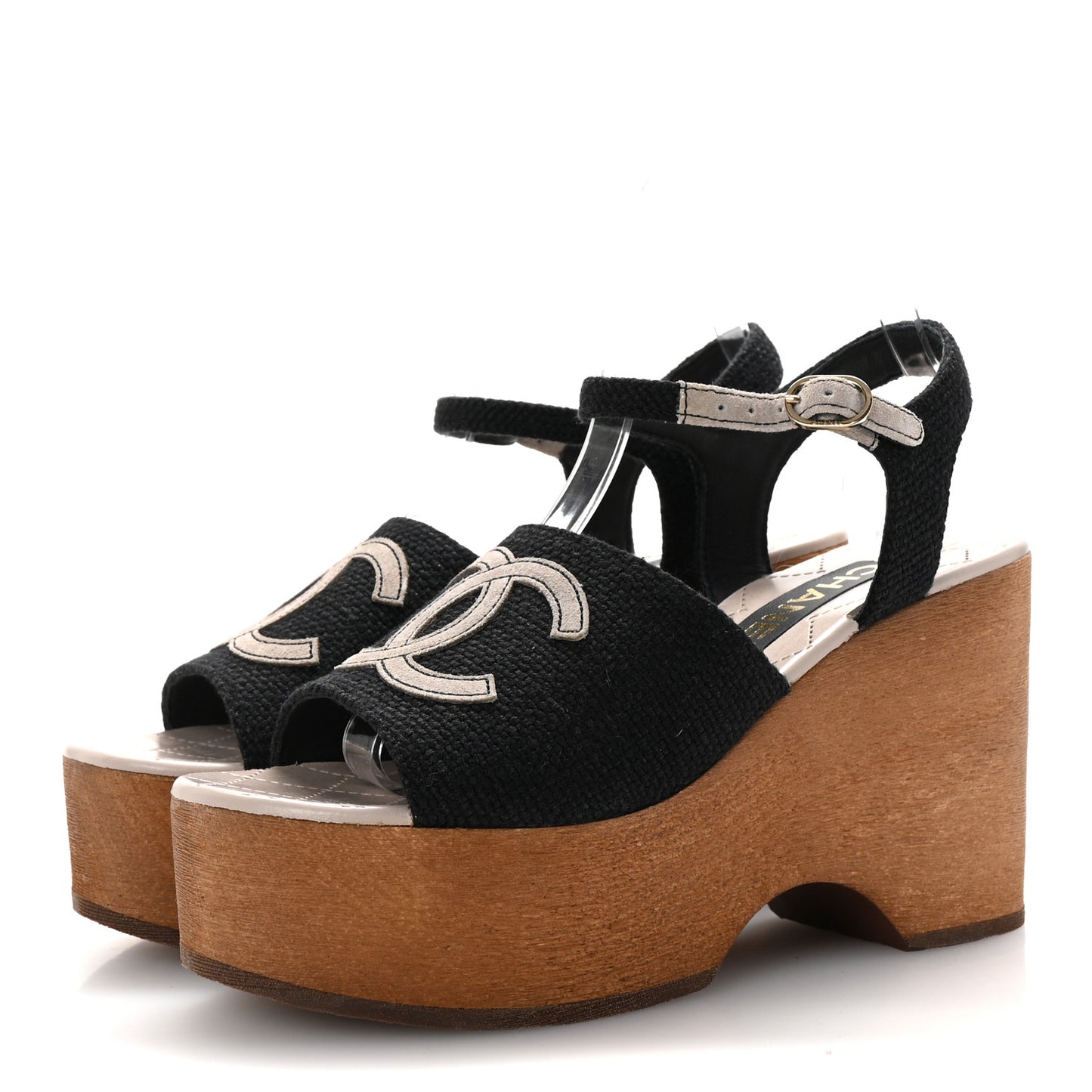 Fabric Calfskin Platform Wedge Sandals 37 Black
