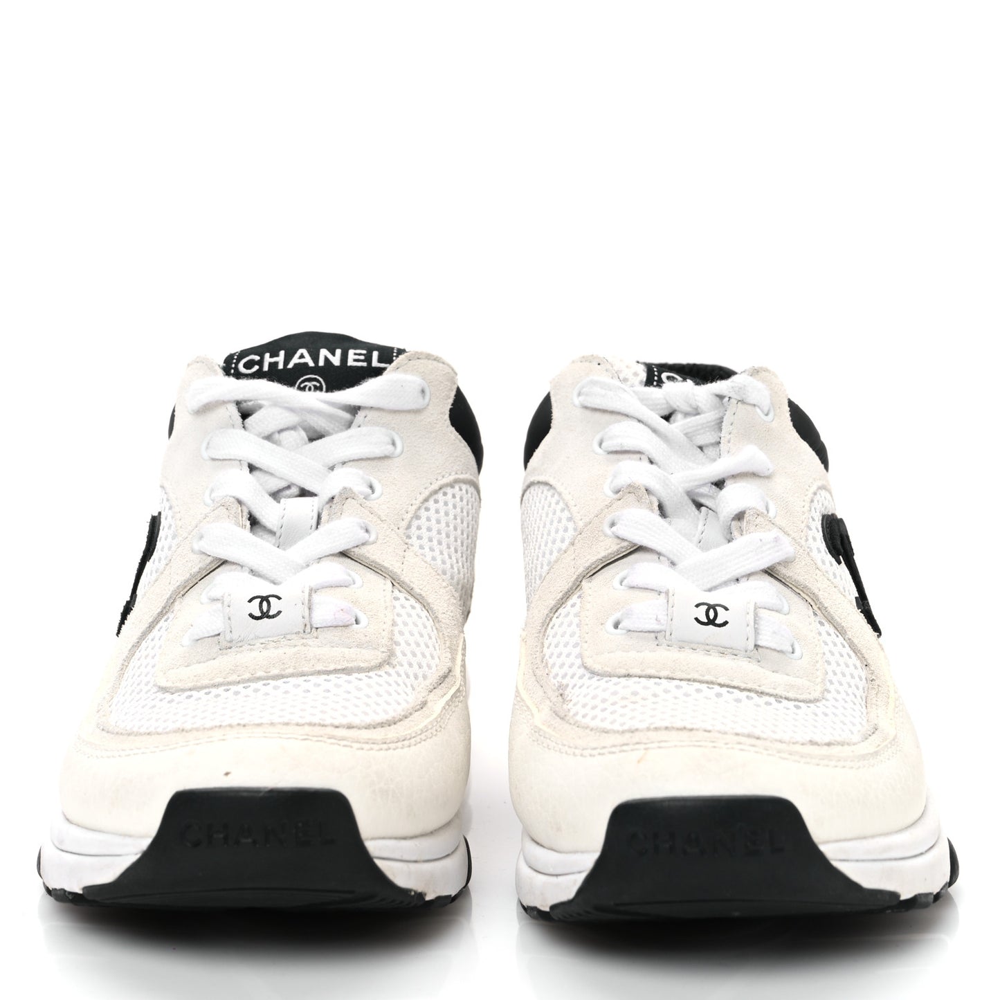 Mesh Suede Calfskin Grained Calfskin Womens CC Sneakers  36 White Black