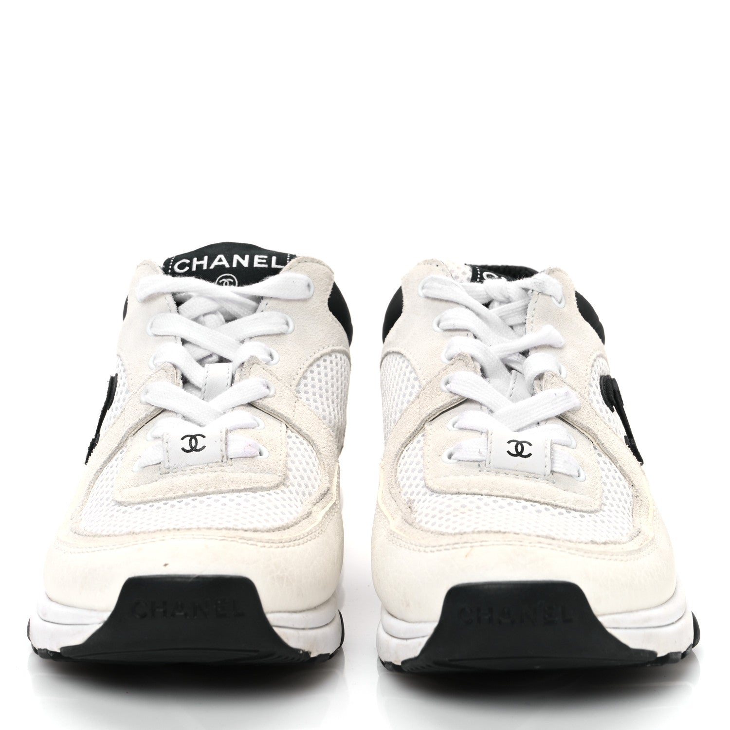 Chanel Mesh Suede Calfskin Grained Calfskin Womens CC Sneakers  36 White Black 3 of 10