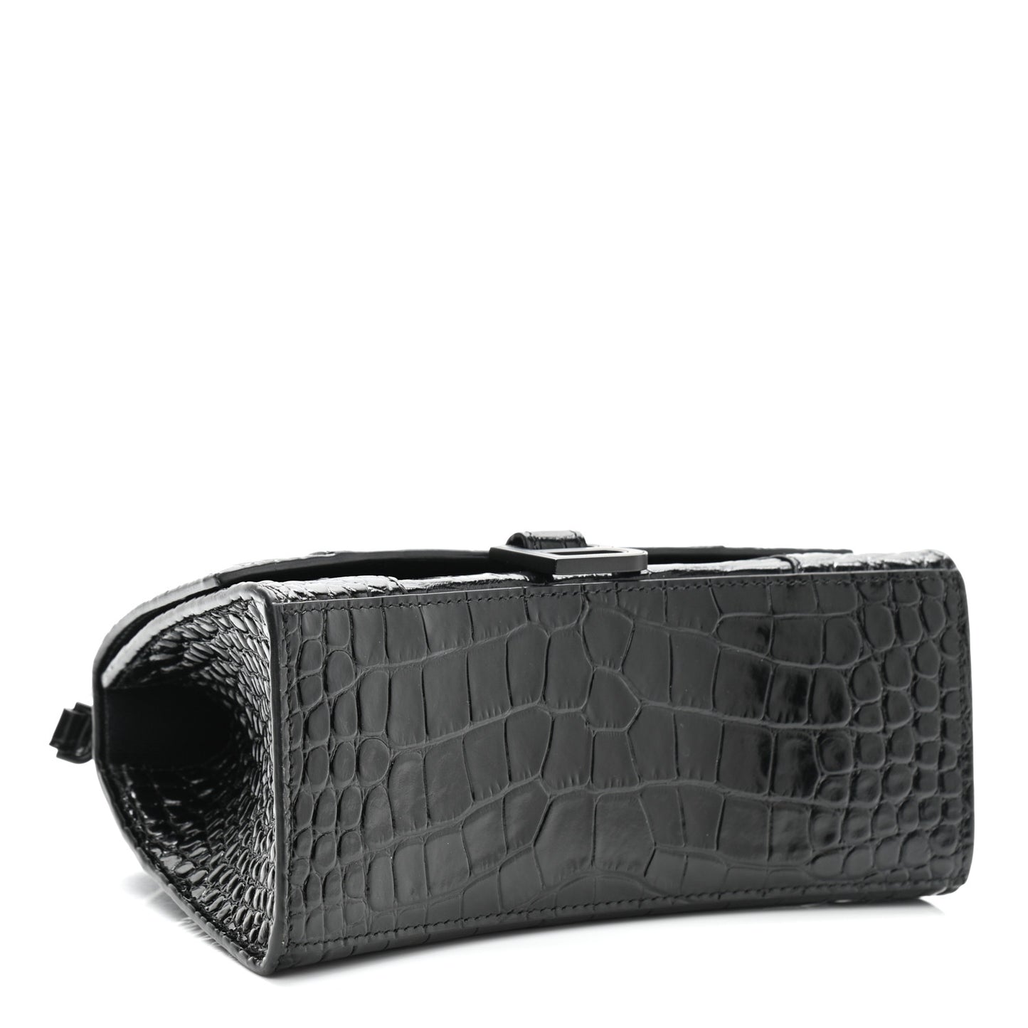 Shiny Calfskin Monochrome Crocodile Embossed Small Hourglass Top Handle Bag Black