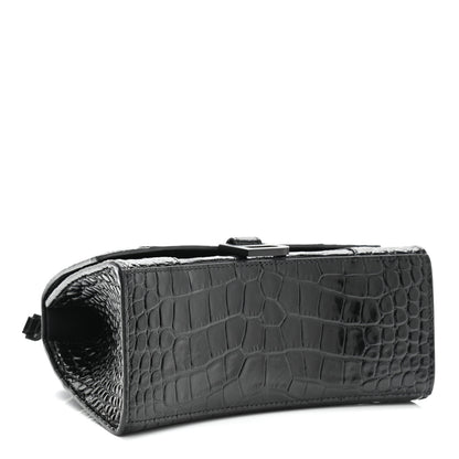 Balenciaga Shiny Calfskin Monochrome Crocodile Embossed Small Hourglass Top Handle Bag Black 4 of 11