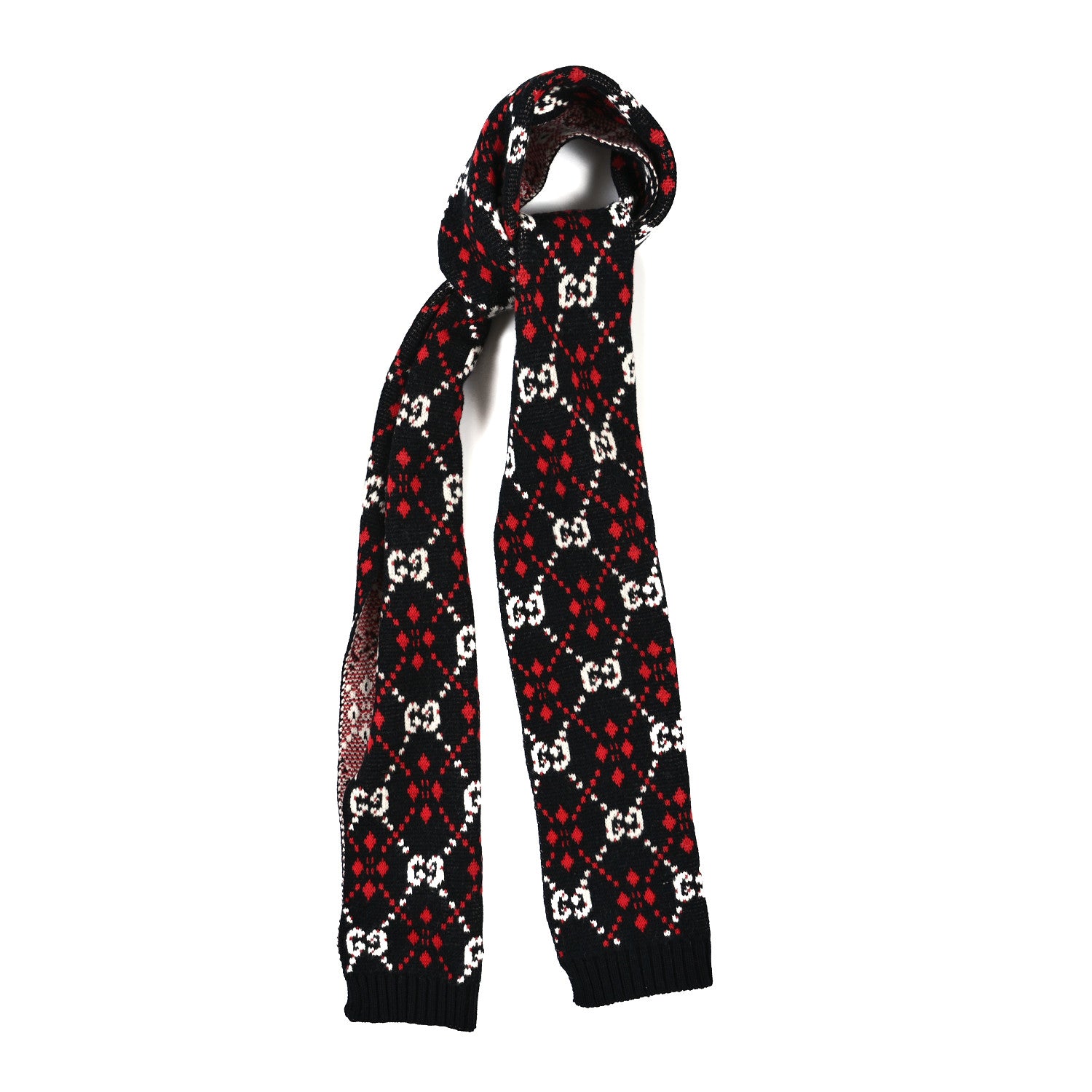 Gucci Wool GG Monogram Scarf Red Black Blue 1 of 3