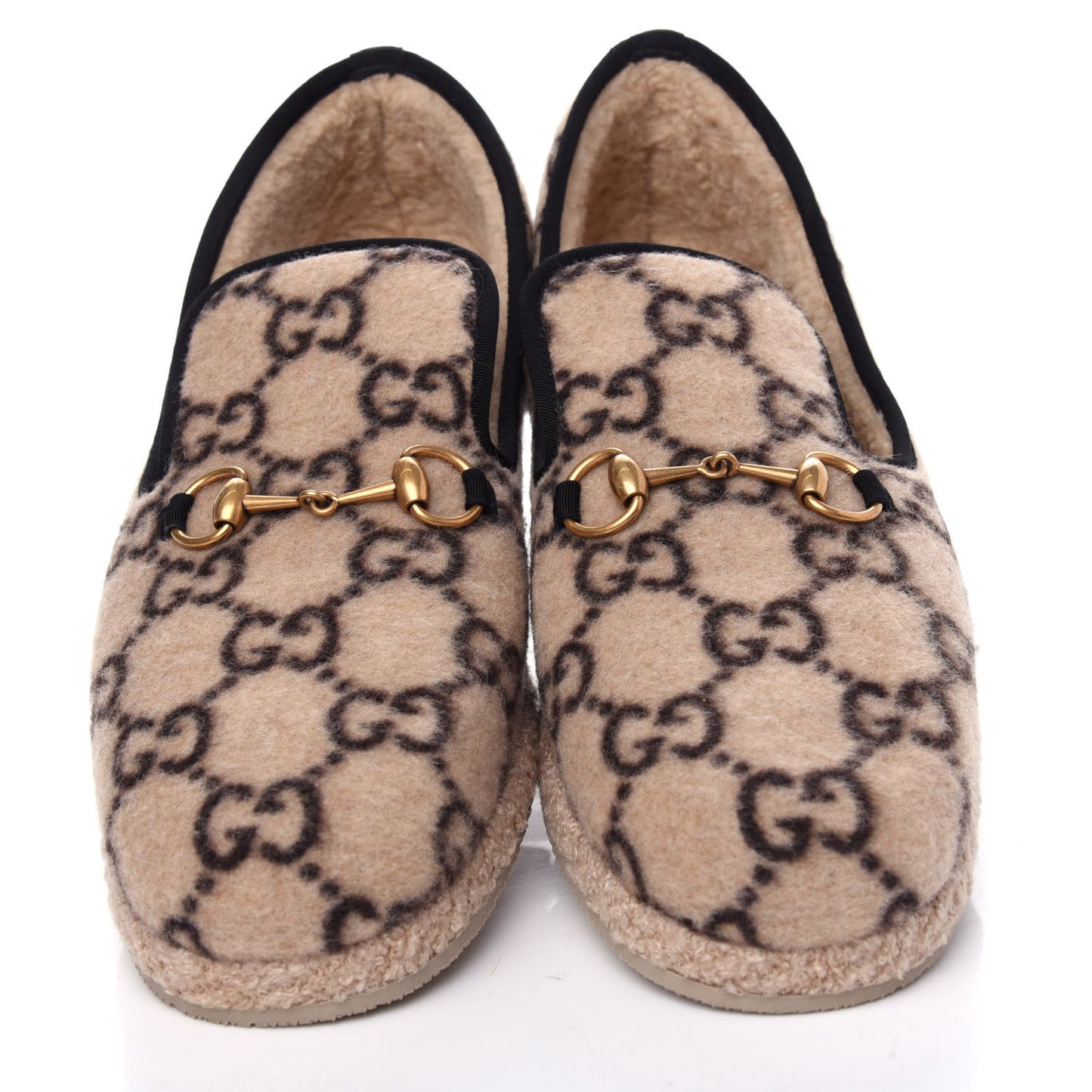 Covered Wool GG Monogram Mens Fria Horsebit Loafers 10.5 Beige Ebony Black Butterscotch
