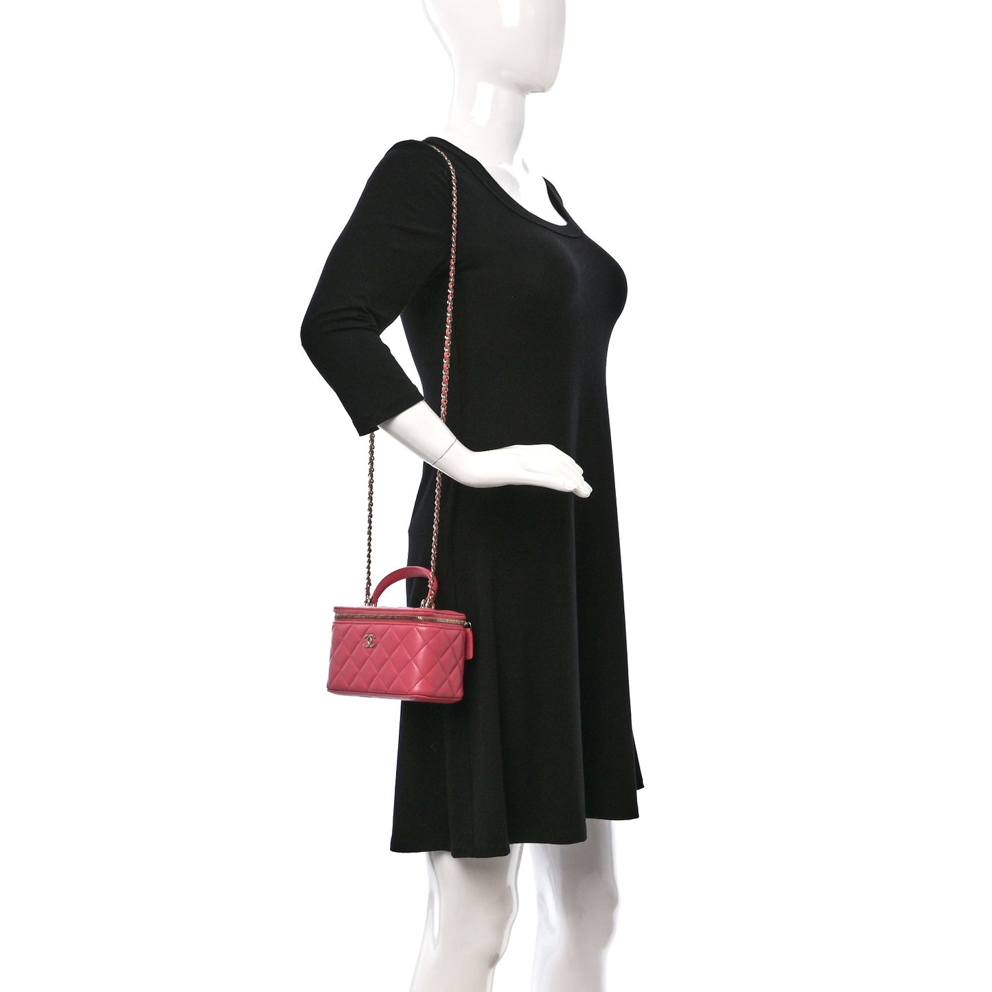 Lambskin Quilted Small Top Handle Vanity Case With Chain Pink