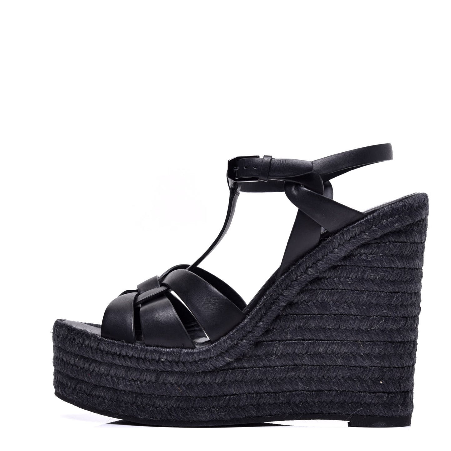 Calfskin Tribute 95 Platform Espadrille Wedge Sandals 38.5 Black