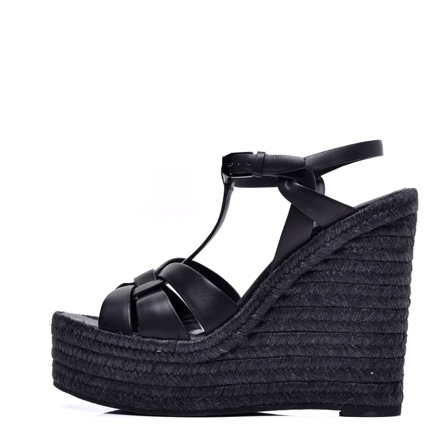 Saint Laurent Calfskin Tribute 95 Platform Espadrille Wedge Sandals 38.5 Black 1 of 9