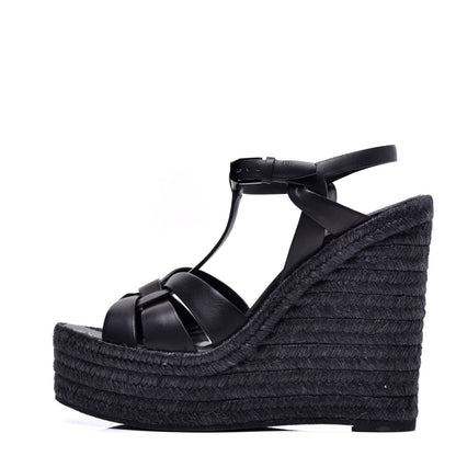 Saint Laurent Calfskin Tribute 95 Platform Espadrille Wedge Sandals 38.5 Black 1 of 9