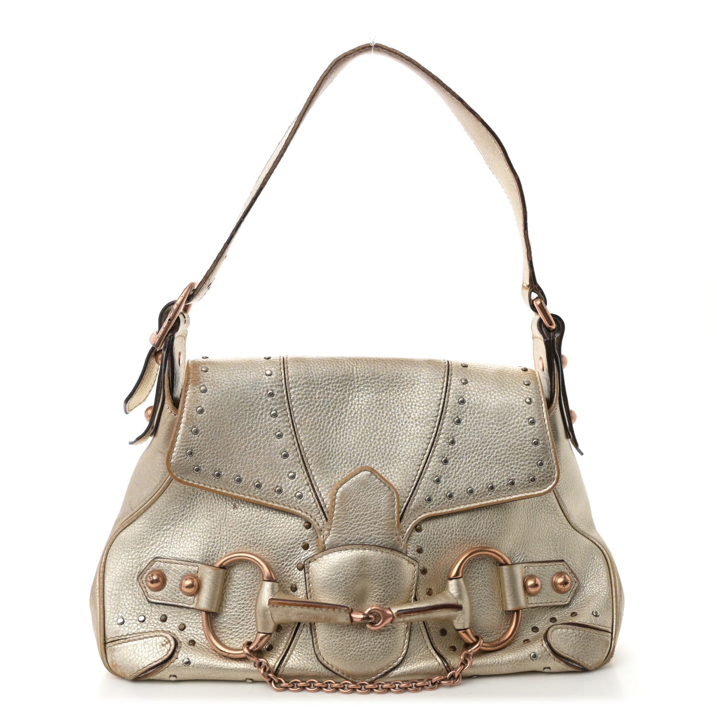 Metallic Calfskin Horsebit Chain Studded Flap Shoulder Bag Gold