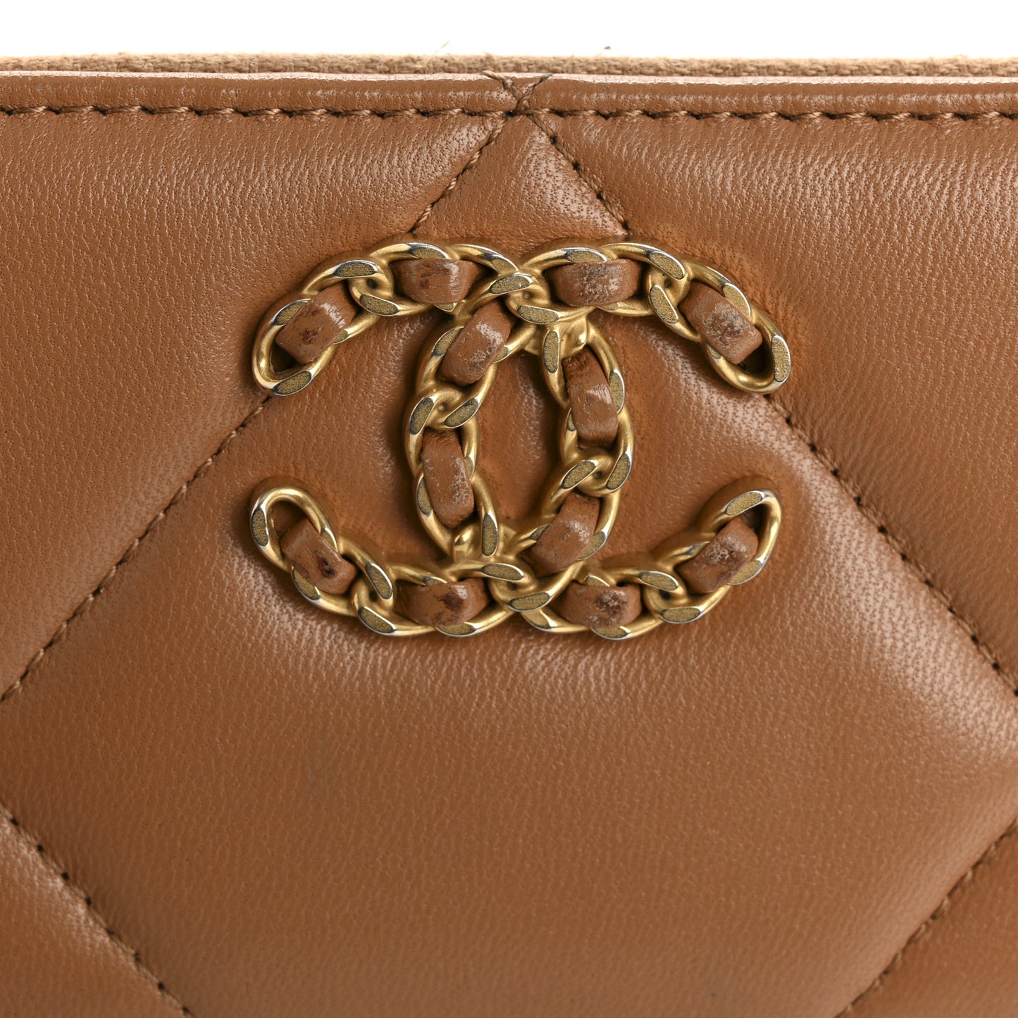 Lambskin Quilted Chanel 19 Zip Around Coin Purse Wallet Brown