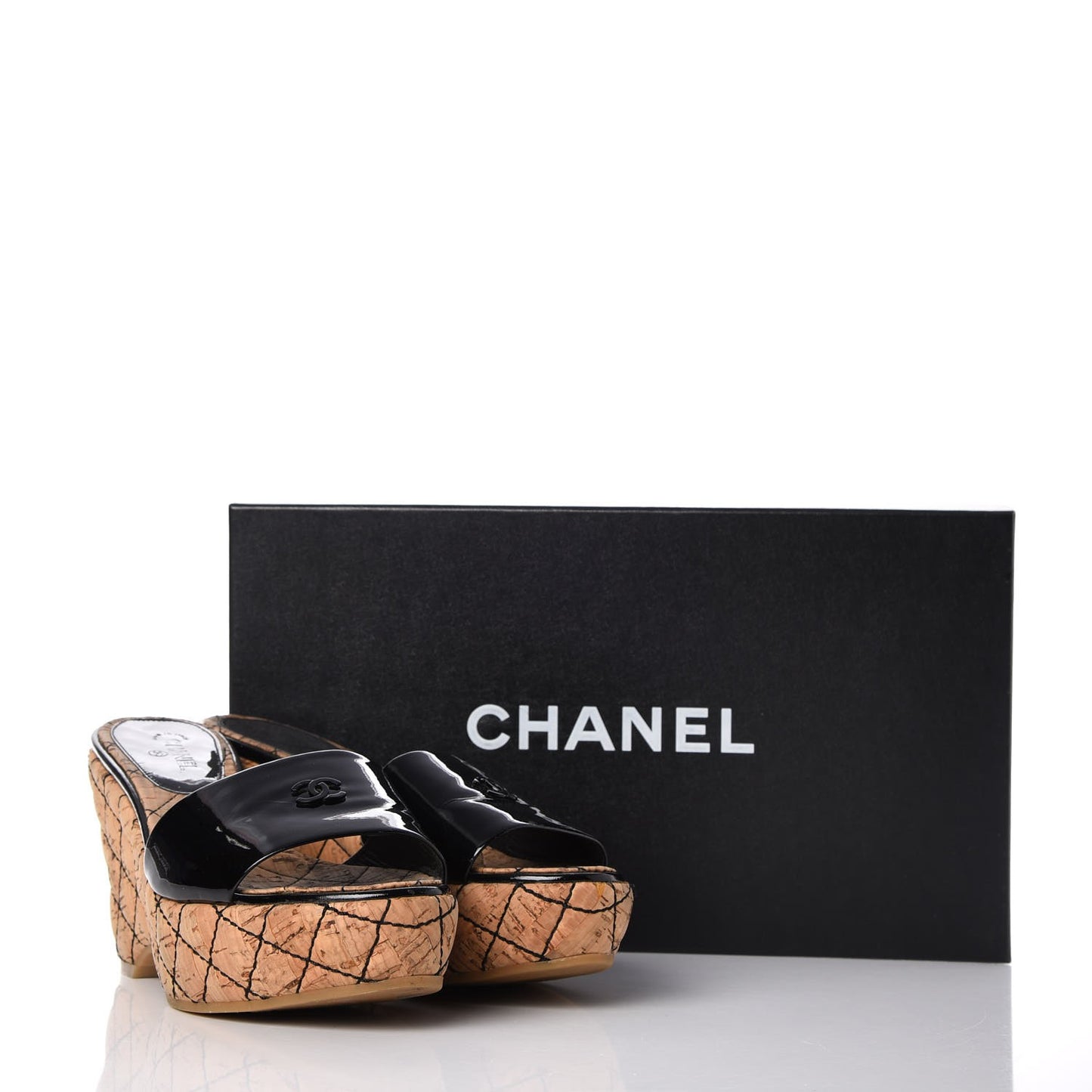 Patent Cork Quilted CC Wedge Mule Sandals 38 Black
