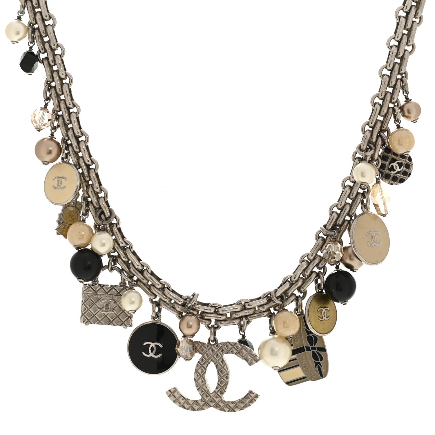 Chanel Enamel Pearl Charm Short Necklace Silver 1 of 8