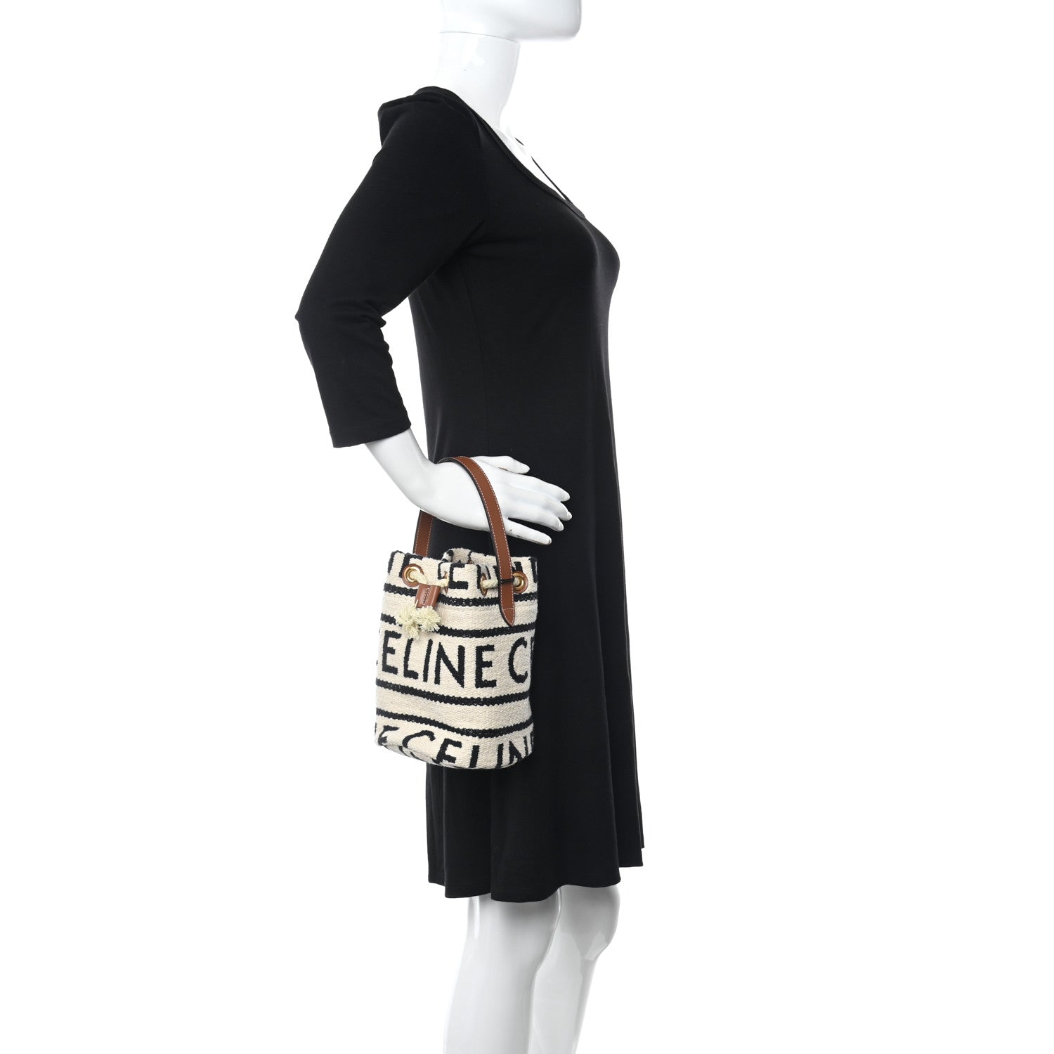 Celine All Over Textile Calfskin Striped Teen Drawstring Bag White Black 2 of 11