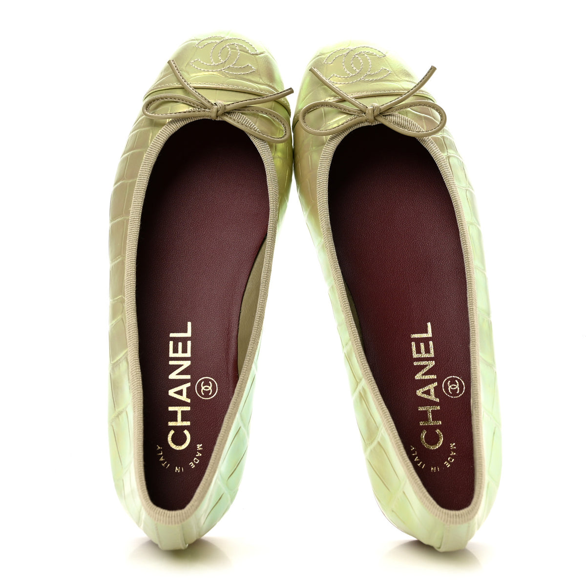 Iridescent Calfskin Crocodile Embossed Ballerina Flats 35 Yellow