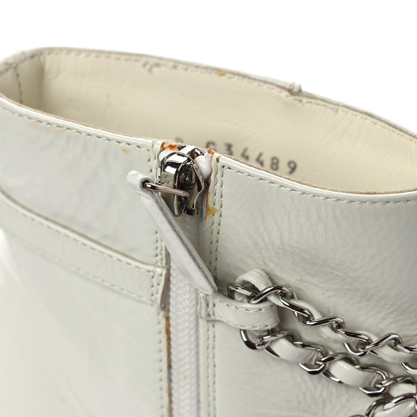 Crackled Calfskin Chain CC Short Boots 38 Ivory