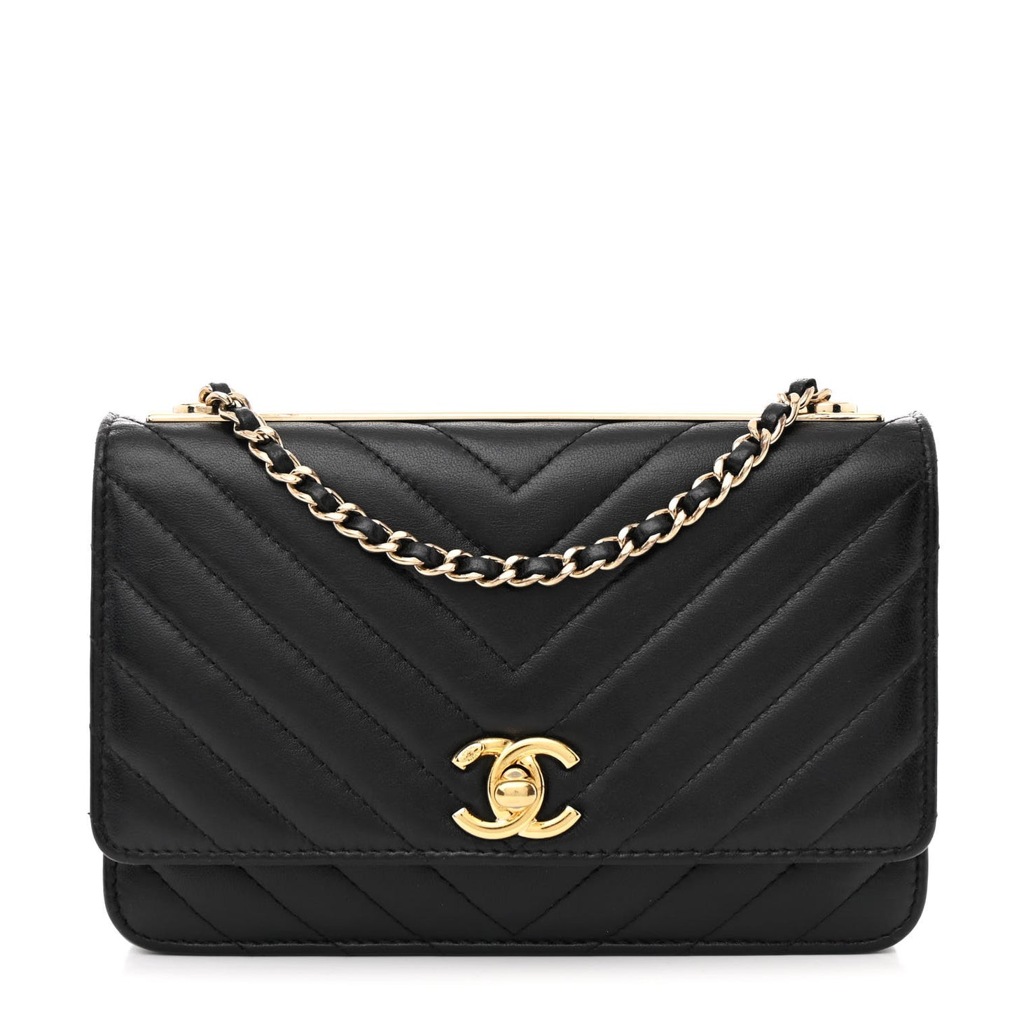 Lambskin Chevron Quilted Trendy CC Wallet On Chain WOC Black