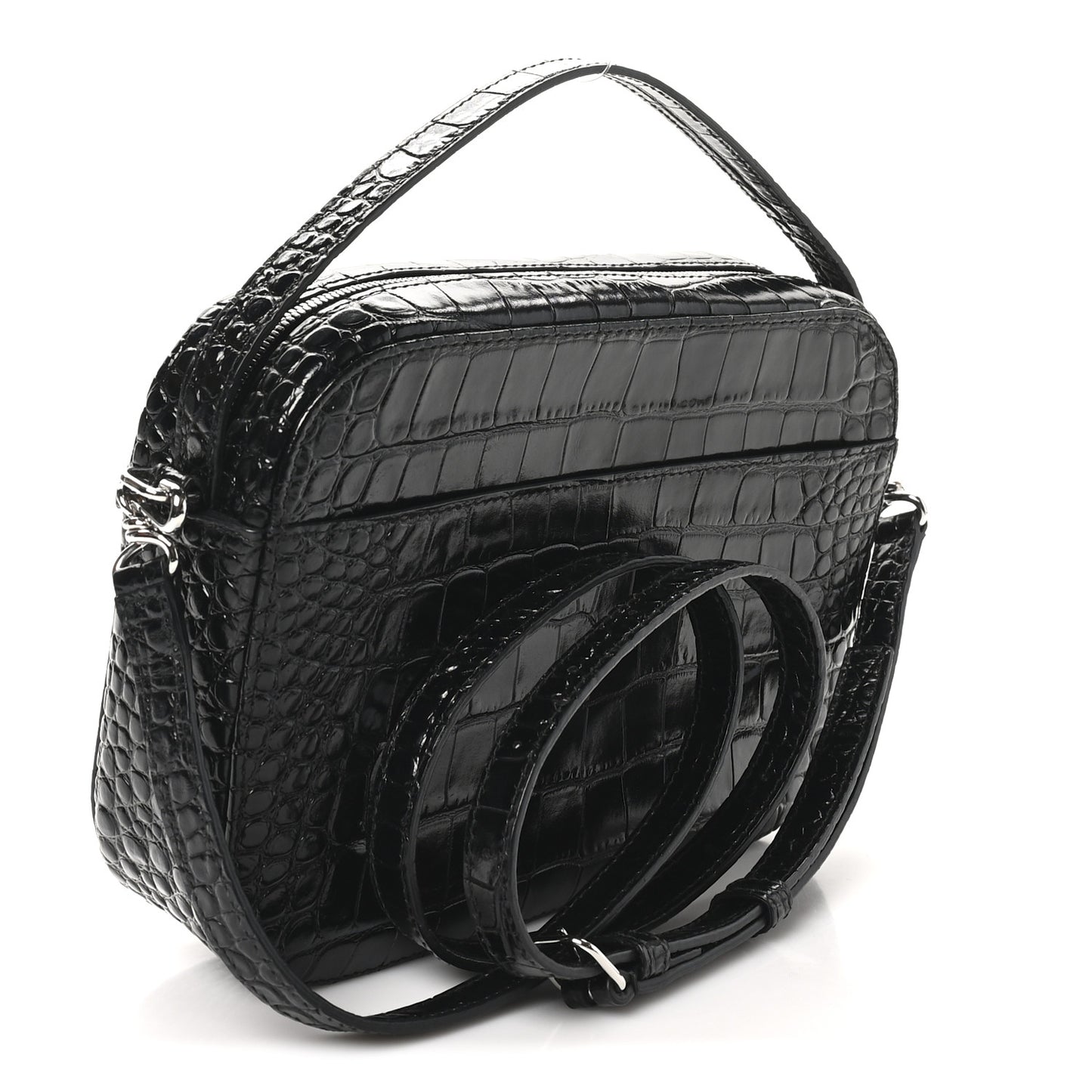 Shiny Calfskin Logo Crocodile Embossed S Everyday Camera Bag with Handle Black
