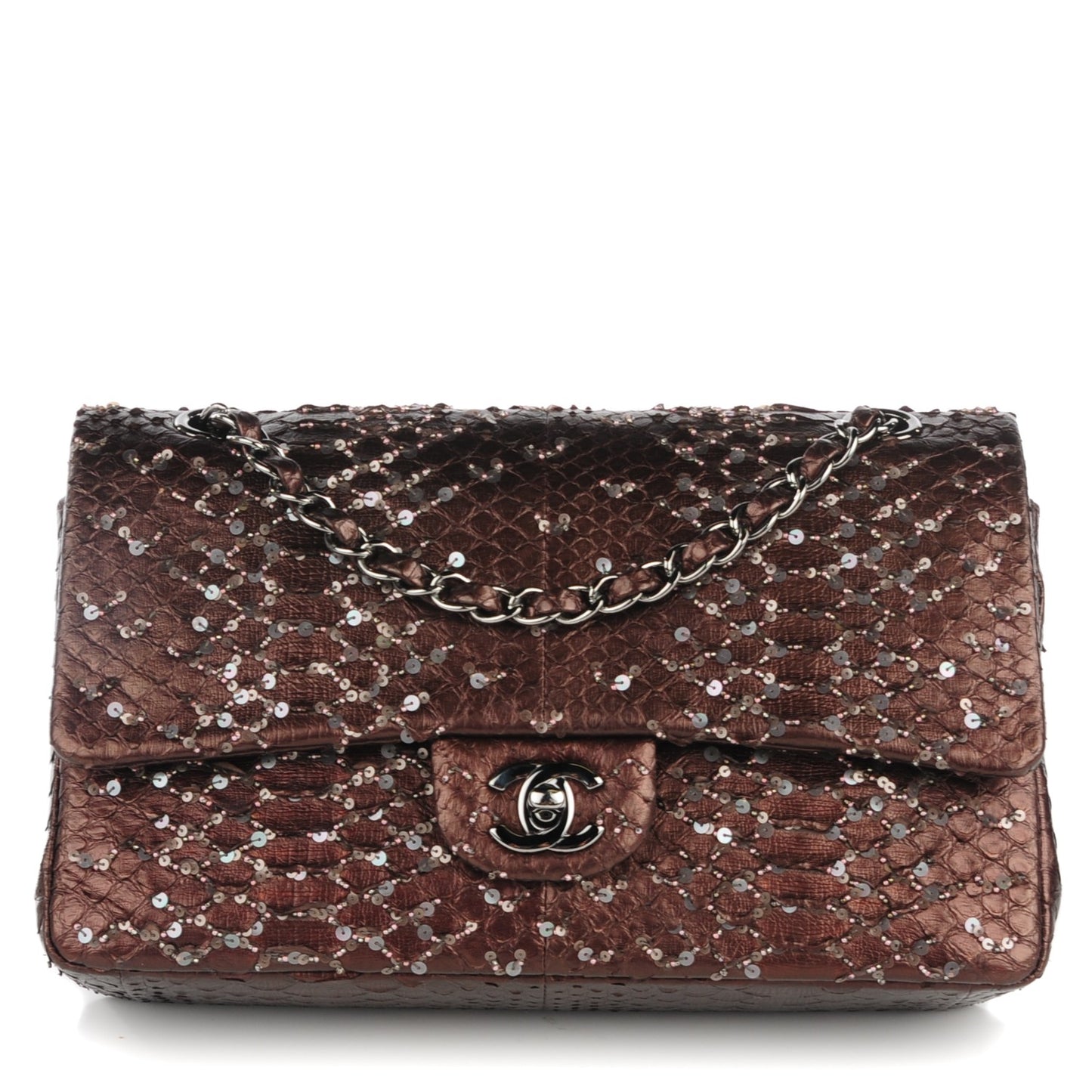Metallic Python Sequin Medium Double Flap Dark Brown