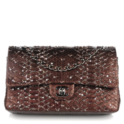 Chanel Metallic Python Sequin Medium Double Flap Dark Brown 1 of 9