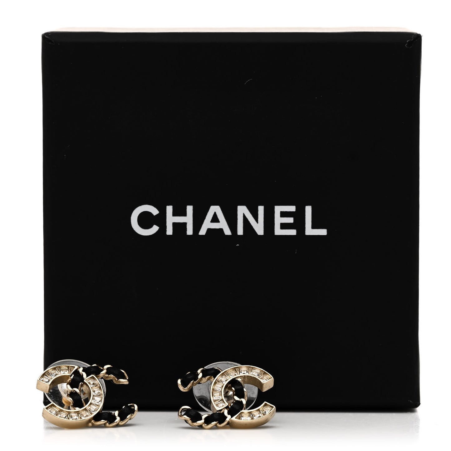 Crystal Baguette Lambskin Chain CC Vintage Allure Stud Earrings Black Gold