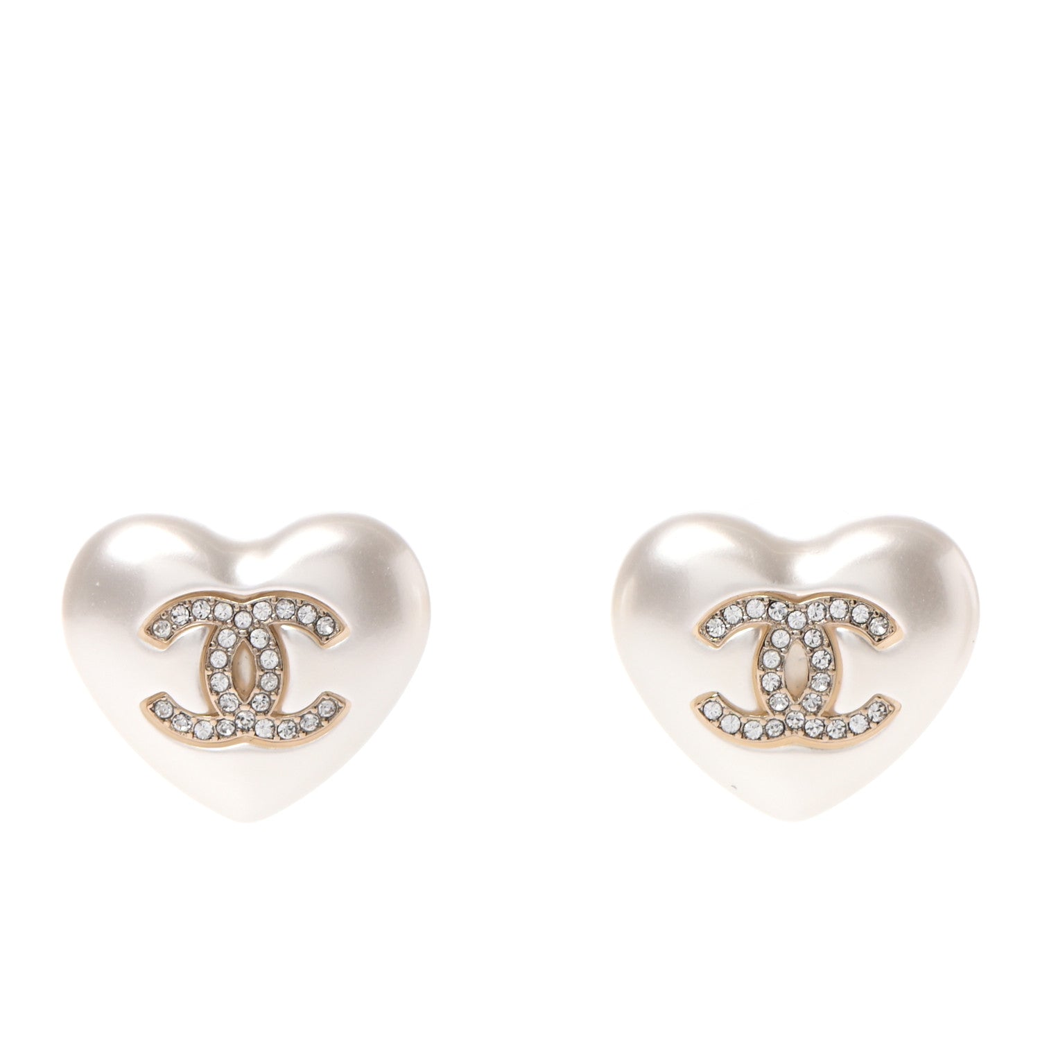 Chanel Pearl Crystal CC Heart Earrings Gold 1 of 4