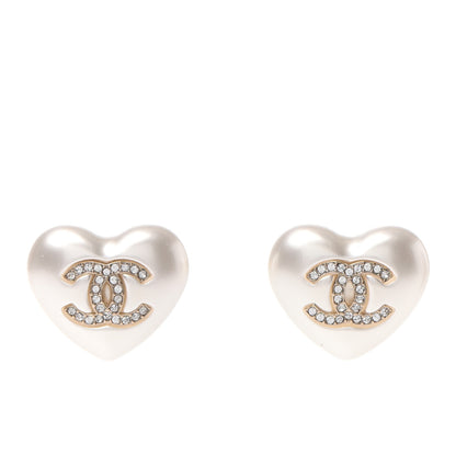 Chanel Pearl Crystal CC Heart Earrings Gold 1 of 4