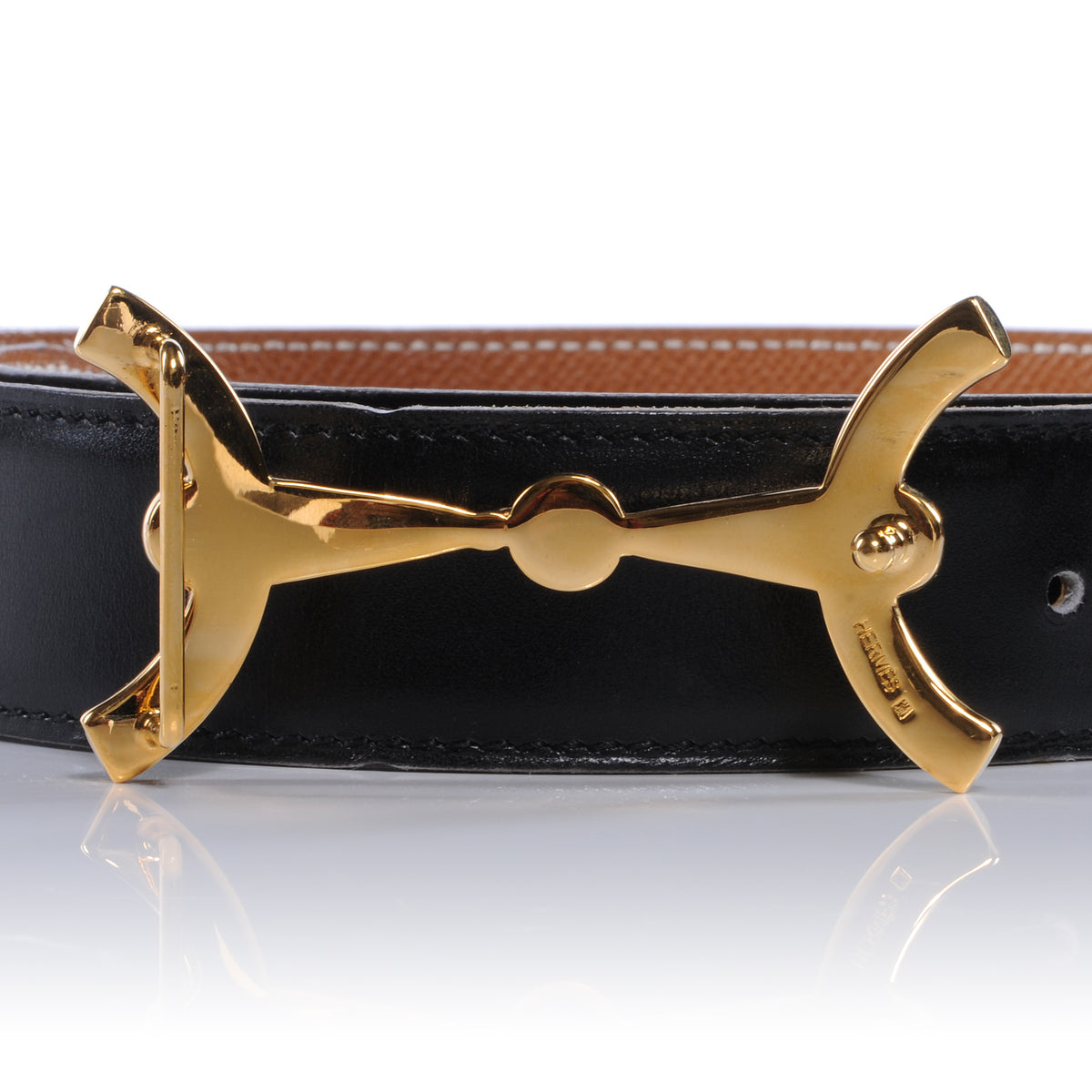 Box Courchevel Reversible Horsebit H Belt Noir Gold