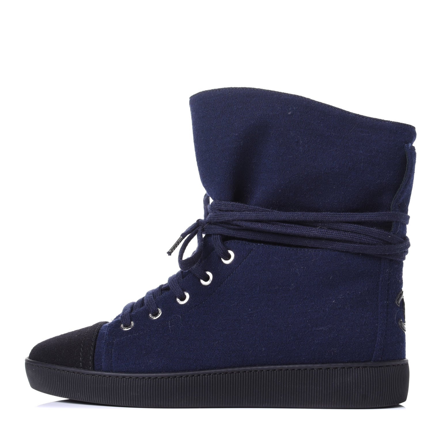 Chanel Jersey Lace Up High Top Sneakers 38.5 Black Navy 1 of 10