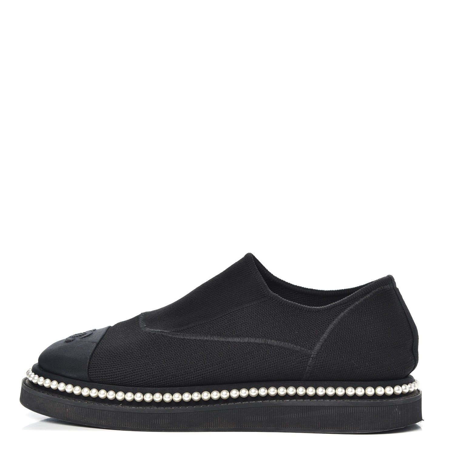 Chanel Stretch Fabric Grosgrain Pearl Cap Toe CC Moccasin Loafers 37.5 Black 1 of 9