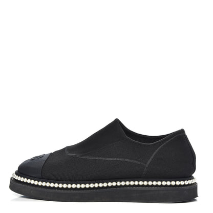 Chanel Stretch Fabric Grosgrain Pearl Cap Toe CC Moccasin Loafers 37.5 Black 1 of 9