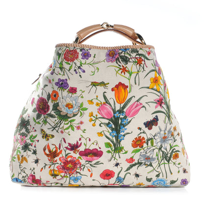 Gucci Canvas Flora Floral Large Horsebit Chain Hobo White 1 of 7