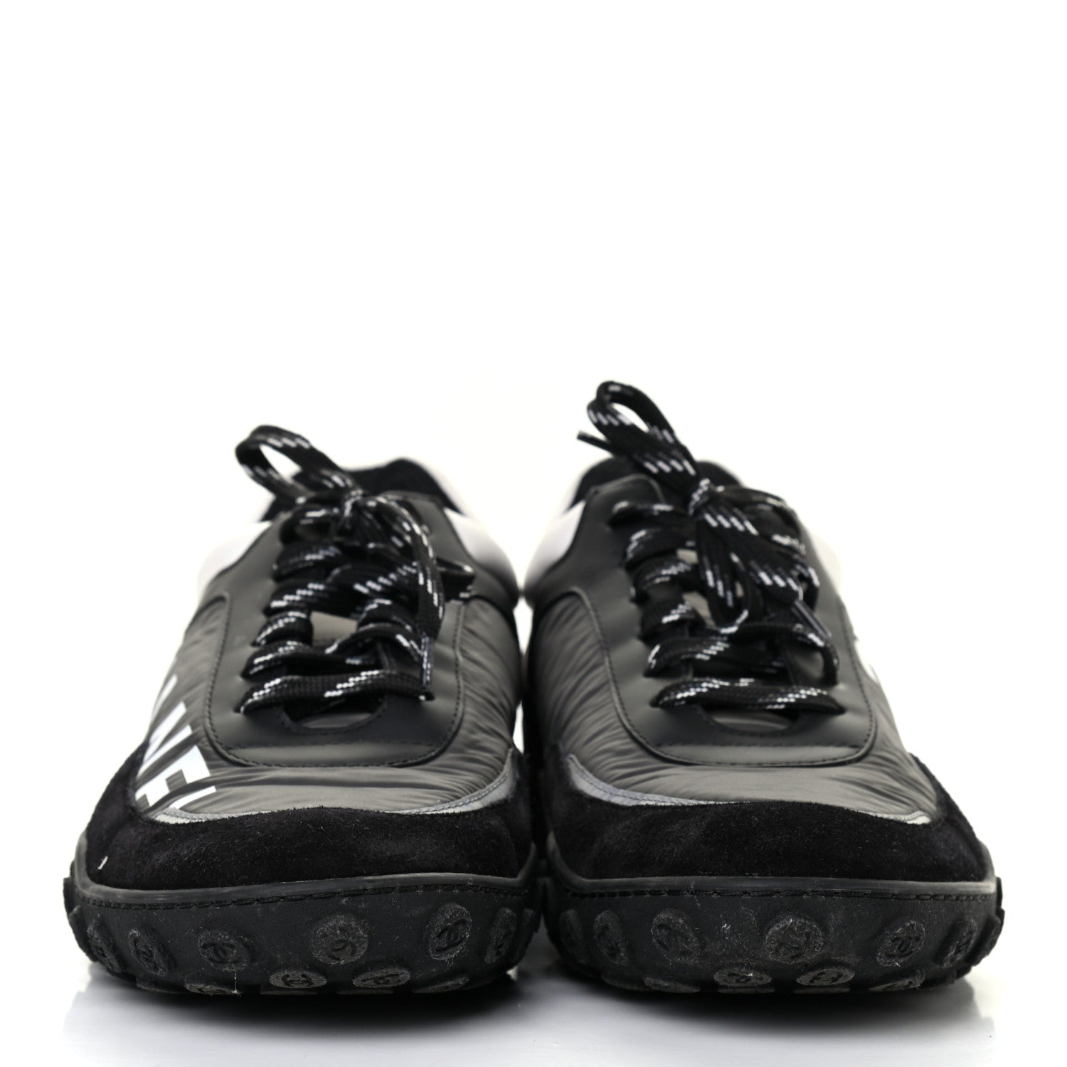 Chanel Nylon Calfskin Suede Womens CC Sneakers 41 Black Grey White 2 of 10