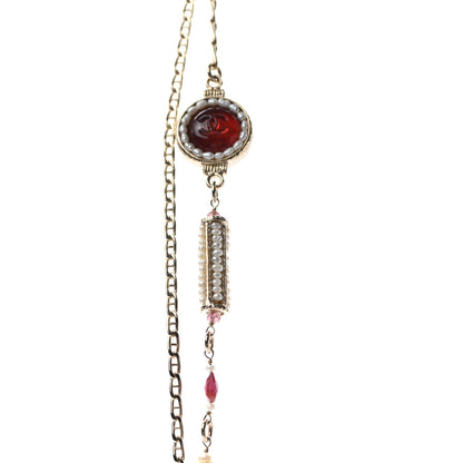 Chanel Pearl Resin Long Necklace Gold Red 5 of 6