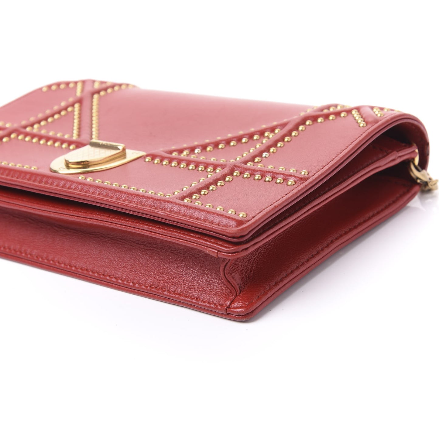 Lambskin Studded Diorama Wallet on Chain Pouch Red