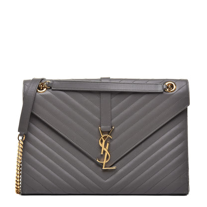 Saint Laurent Grain De Poudre Matelasse Chevron Large Monogram Satchel Earth 1 of 8