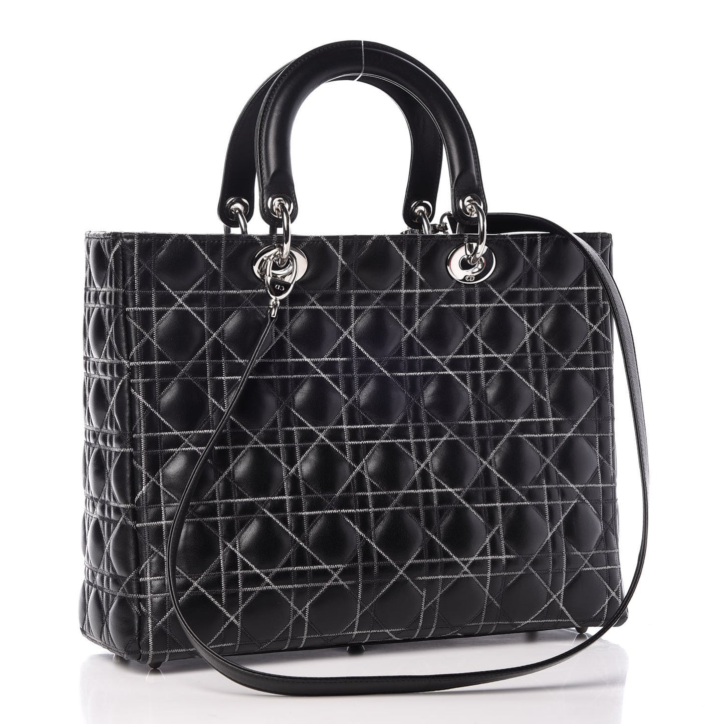 Lambskin Stitched Large Lady Dior Black